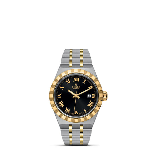 The TUDOR Royal by TUDOR showcases a black dial accented with gold Roman numerals and is complemented by an elegant gold and silver metal strap. Its stainless steel and gold bezel, featuring intricate ridged detailing, exudes sophistication, while the date display at 3 o'clock brings a timeless element to this sport-chic masterpiece.