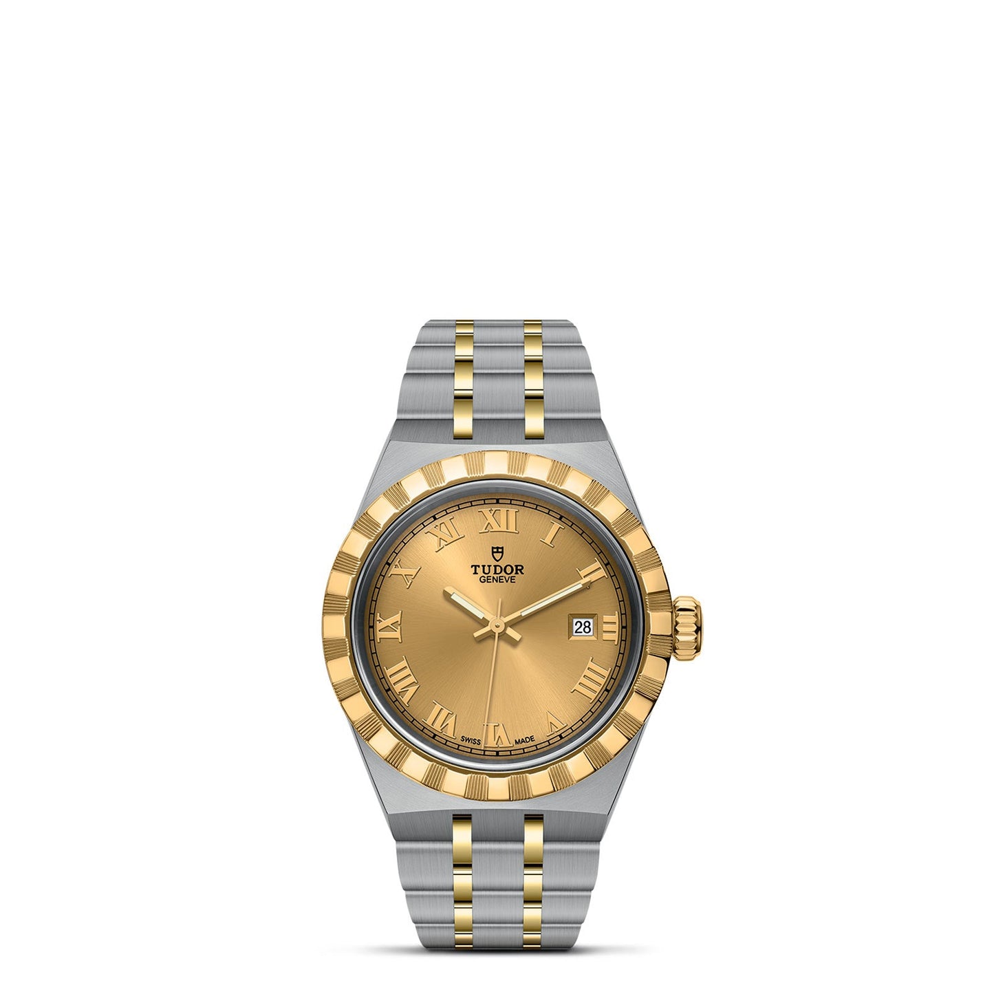 The TUDOR Royal from TUDOR showcases a luxurious design with its stainless steel and gold band, complemented by a refined gold dial. A date display at the 3 o'clock position enhances its functionality, while the gold Roman numerals elegantly mark the hours on this automatic sport-chic watch. The watch features a harmonious blend of brushed and polished finishes, exuding sophistication at every glance.