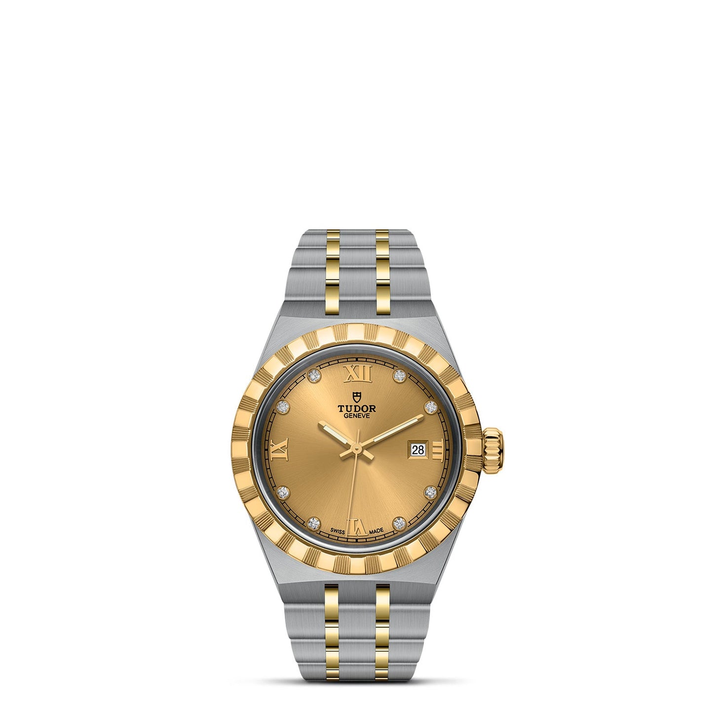 The TUDOR Royal is a luxurious wristwatch characterized by its sophisticated gold face adorned with diamond-set hour markers. It showcases a two-tone metal band in gold and silver, featuring the renowned Tudor logo. This automatic sport-chic timepiece includes a date display and is highlighted by a fluted bezel, elegantly set to 10:10.