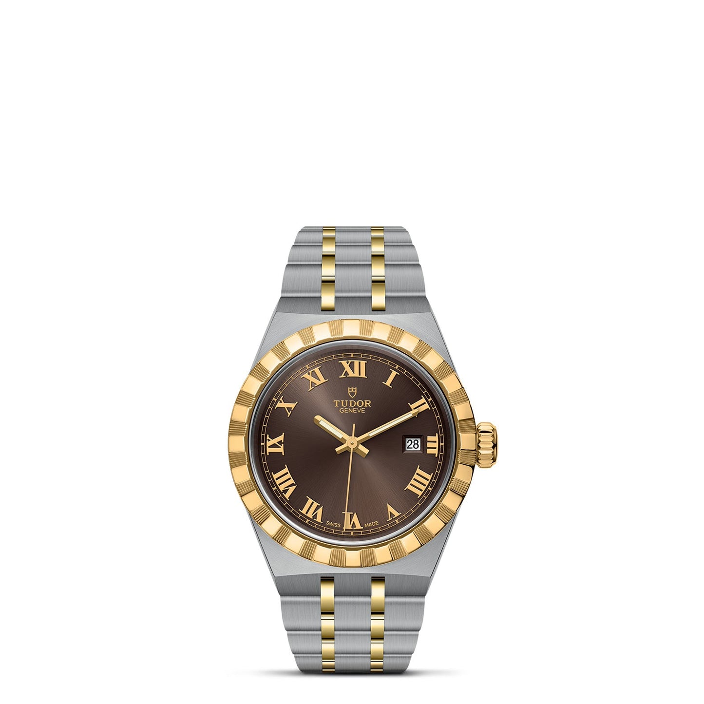 Discover the TUDOR Royal, a luxurious wristwatch from TUDOR that combines sport-chic elegance with its dual-tone metal band. It showcases a brown dial adorned with gold Roman numerals and includes a date display. Crafted with a stainless steel and gold bezel alongside bracelet links, this watch exudes timeless sophistication.