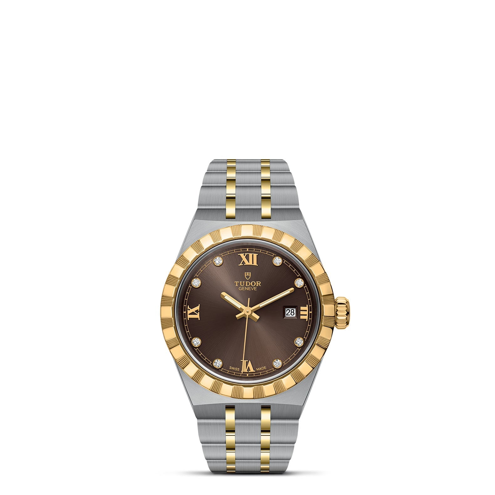 The TUDOR Royal watch offers a touch of luxury with its stainless steel and gold two-tone band. It features a black dial enhanced by gold Roman numerals and diamond markers, along with a date window at 3 o'clock and an elegant gold bezel, capturing the essence of refined elegance and sporty sophistication.