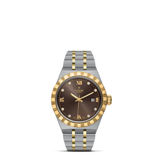 The TUDOR Royal watch offers a touch of luxury with its stainless steel and gold two-tone band. It features a black dial enhanced by gold Roman numerals and diamond markers, along with a date window at 3 o'clock and an elegant gold bezel, capturing the essence of refined elegance and sporty sophistication.