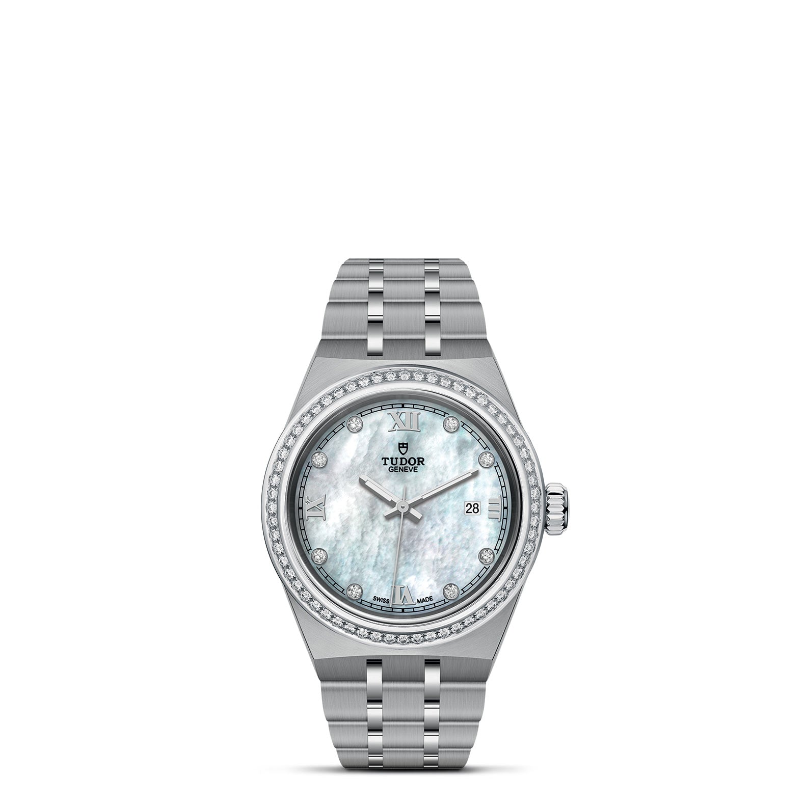 The TUDOR Royal by TUDOR showcases sport-chic elegance with its silver stainless steel bracelet, featuring a polished and brushed finish. Its design includes a mother-of-pearl dial, a diamond-set bezel, Roman numerals, and a date window for an added touch of sophistication.