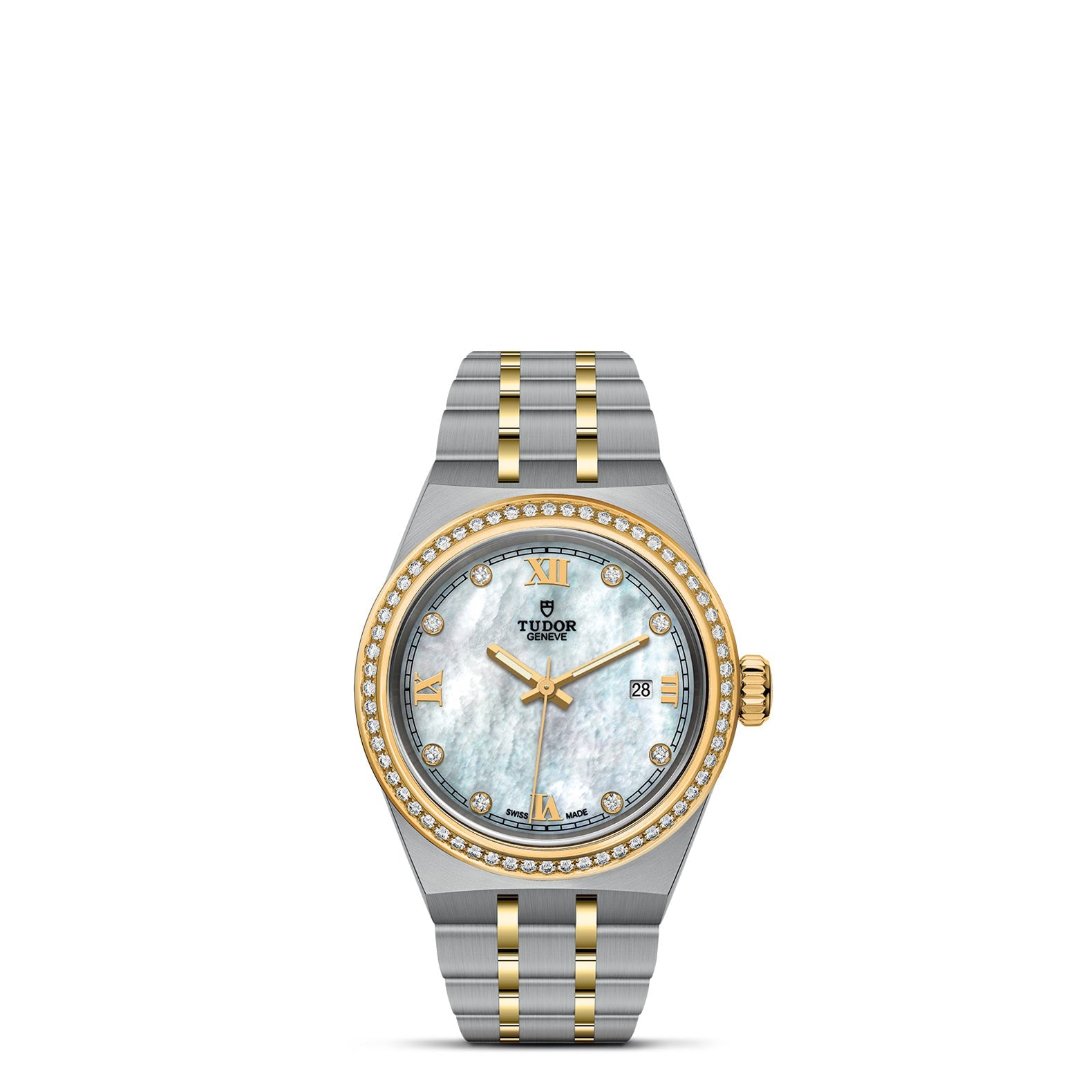 The TUDOR Royal is a luxury timepiece from TUDOR, showcasing an elegant silver and gold bracelet. It boasts a mother-of-pearl dial set with diamonds, complemented by gold Roman numerals and a date display. The bezel is also embellished with diamonds, enhancing the sophisticated look of this automatic sport-chic watch.