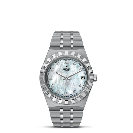 The TUDOR Royal is an automatic sport-chic watch that boasts a silver design with a stainless steel bracelet and a fluted bezel. Its diamond-set mother-of-pearl dial is adorned with diamond hour markers and includes a date window positioned at 3 o'clock. The watch features silver-toned hands and displays the iconic Tudor logo just below the 12 o'clock mark.