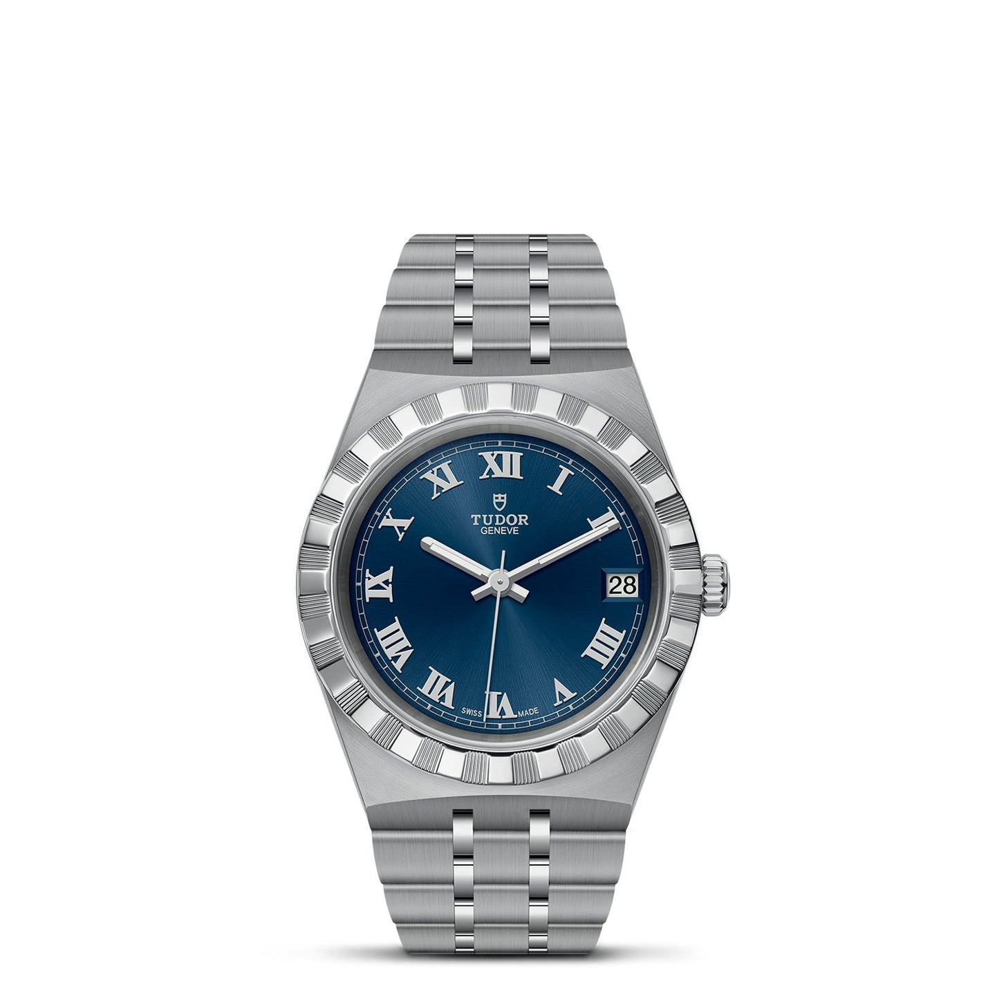 The TUDOR Royal by TUDOR features a blue dial adorned with Roman numerals and a date display, elegantly complemented by a silver bracelet. Its stainless steel construction embodies an automatic sport-chic aesthetic.