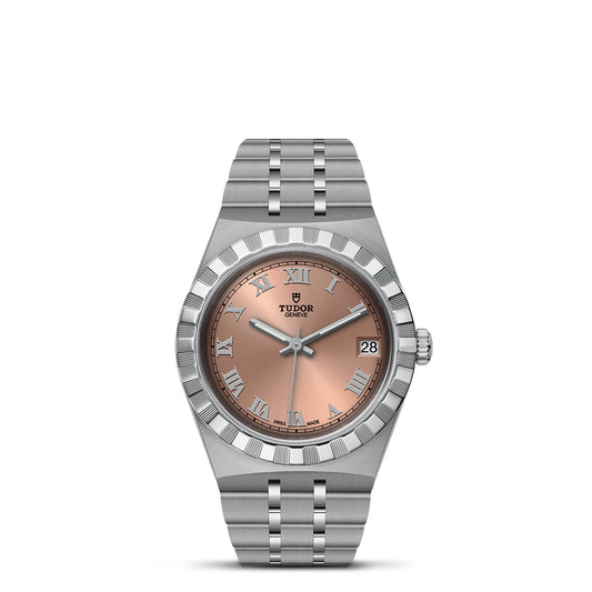 The TUDOR Royal from TUDOR showcases a silver metallic bracelet with integrated links. Its copper-colored dial, adorned with Roman numerals, exudes classic charm. The watch also features a fluted bezel that adds texture to its automatic sport-chic design and includes a date display at the 3 o'clock position.