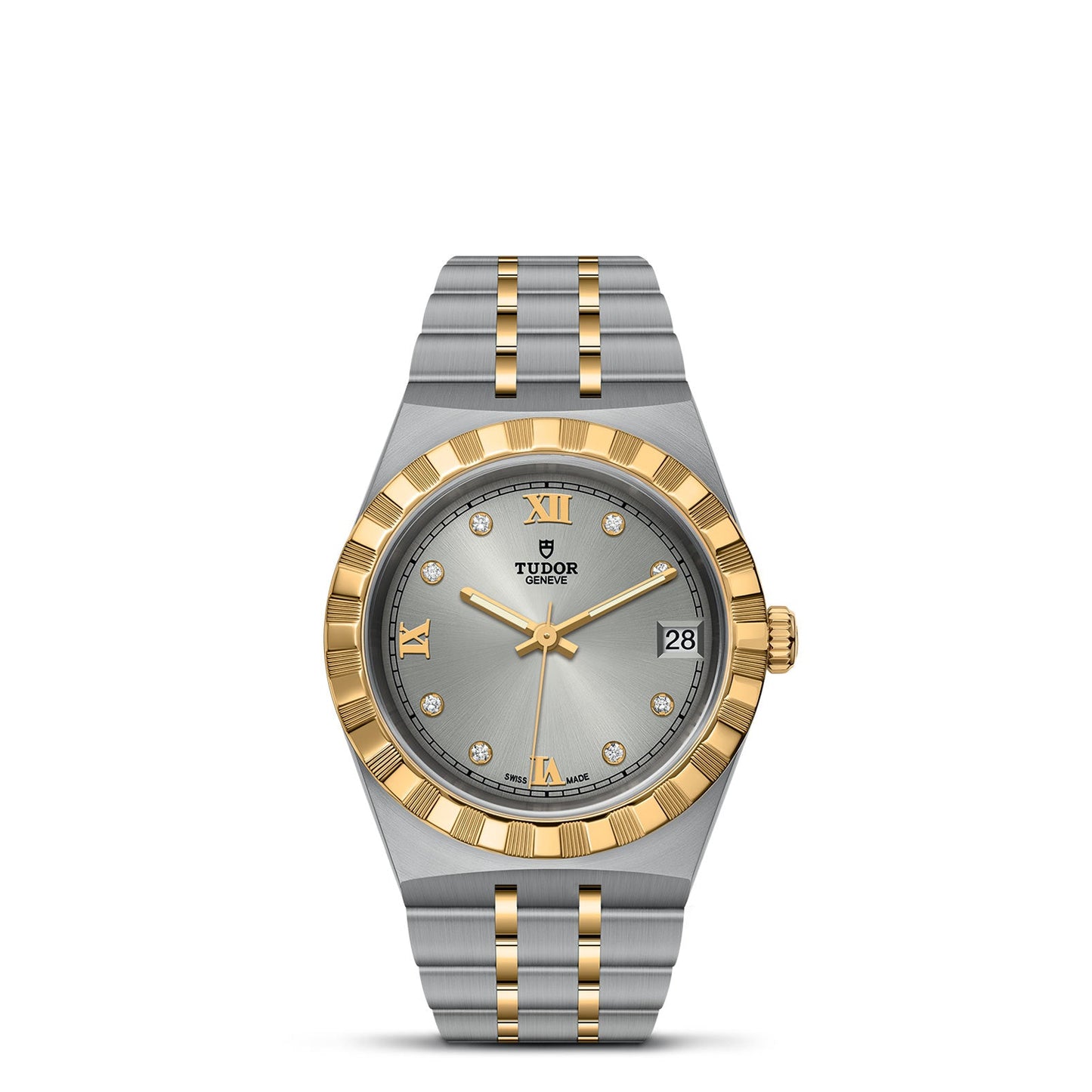 The TUDOR Royal from TUDOR represents luxury with its stainless steel and gold bracelet. Its round silver dial, highlighting gold hour markers and Roman numerals, radiates elegance. Equipped with a date display at 3 o'clock and a fluted gold bezel, this automatic sport-chic watch stands out as truly unique.