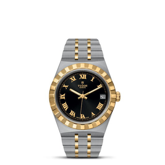 The TUDOR Royal, a premium timepiece from TUDOR, features an elegant two-tone design combining stainless steel and gold. It showcases a black dial adorned with gold Roman numerals and hands, complemented by a date window at the 3 o'clock position and a fluted bezel. The bracelet underscores its automatic sport-chic aesthetic through alternating links of gold and silver.