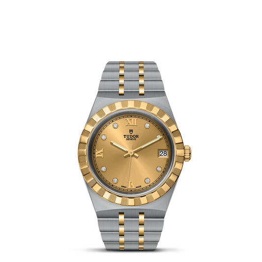 Discover the TUDOR Royal, a luxurious wristwatch that boasts an automatic sport-chic design. Its stainless steel and gold two-tone band beautifully accentuates a gold-toned face embellished with diamond hour markers and Roman numerals at 12 and 6 o'clock, alongside a date window positioned at 3. The prestigious TUDOR brand name elegantly adorns the dial.