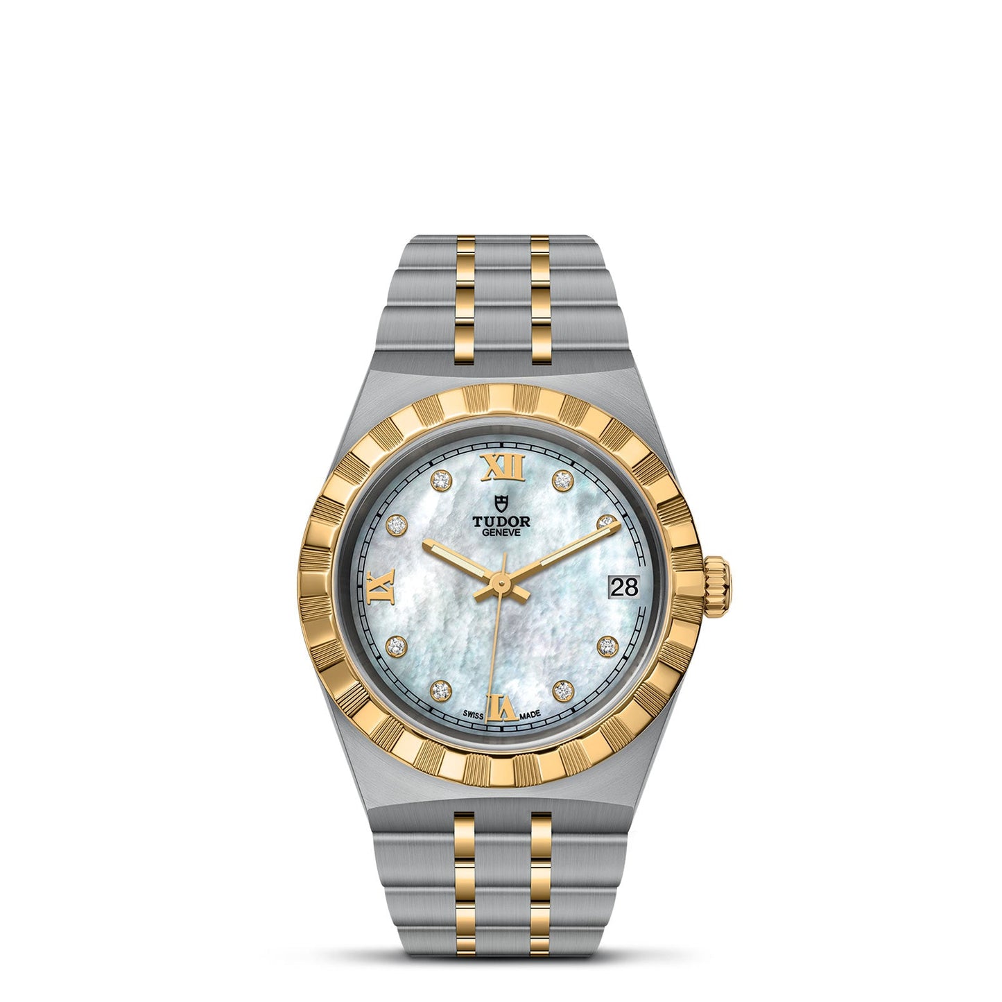 The TUDOR Royal wristwatch from TUDOR exudes sophistication with its stainless steel and gold two-tone bracelet. It features a mother-of-pearl dial embellished with gold Roman numerals and diamond hour markers, complemented by a gold bezel and a date display at 3 o'clock, making it ideal for those who value automatic sport-chic timepieces.