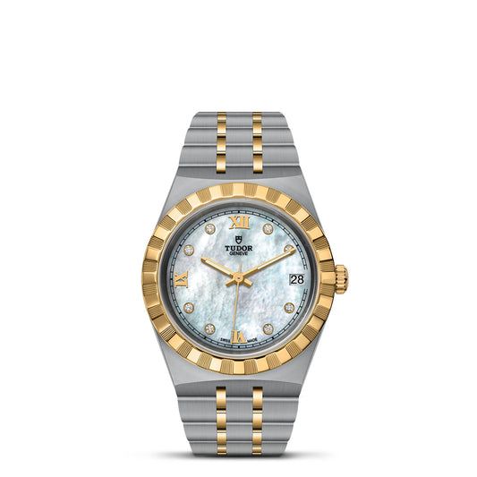 The TUDOR Royal wristwatch from TUDOR exudes sophistication with its stainless steel and gold two-tone bracelet. It features a mother-of-pearl dial embellished with gold Roman numerals and diamond hour markers, complemented by a gold bezel and a date display at 3 o'clock, making it ideal for those who value automatic sport-chic timepieces.
