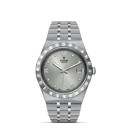The TUDOR Royal by TUDOR is an automatic sport-chic wristwatch that epitomizes timeless elegance, featuring a stainless steel bracelet and a textured dial. It includes Roman numerals at 12 and 6, a date window positioned at 3 o'clock, diamond hour markers, and a polished bezel with a patterned edge.