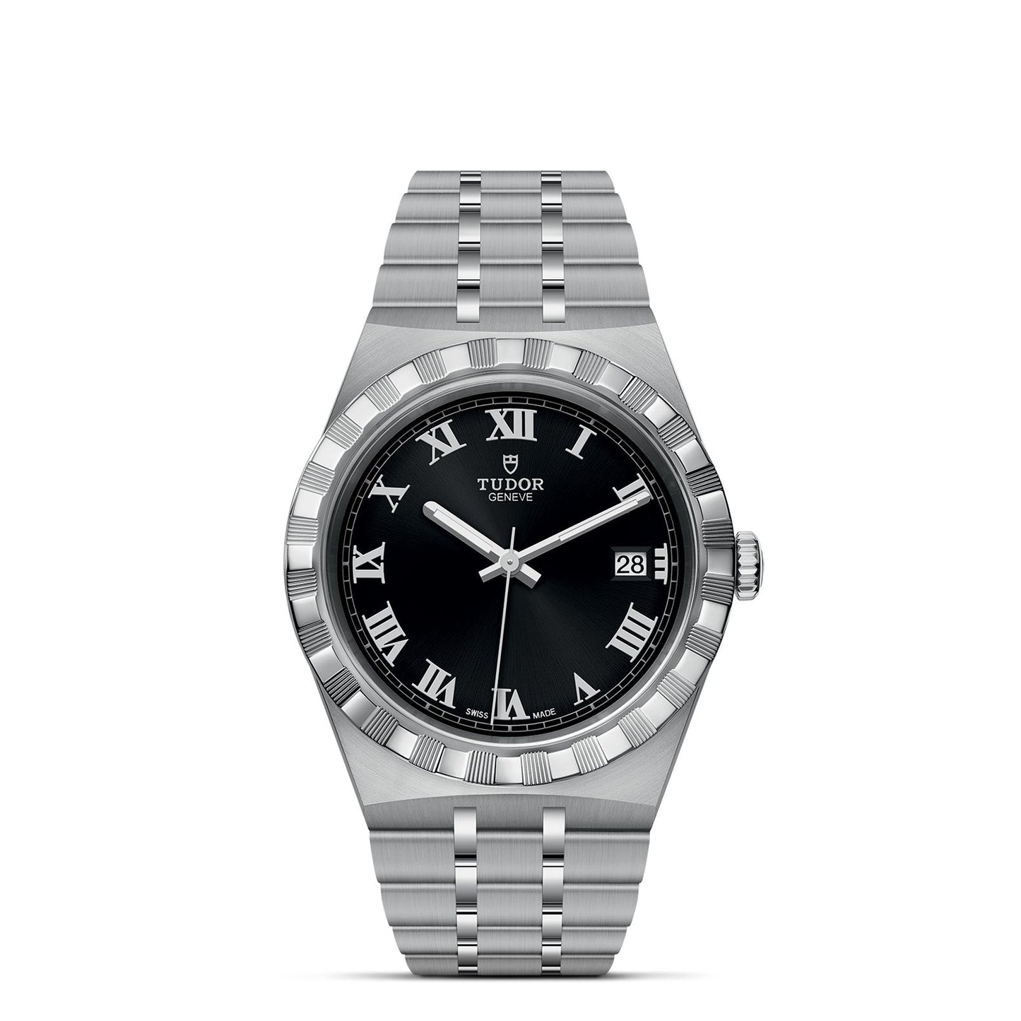 The TUDOR Royal by TUDOR is a stainless steel wristwatch that boasts a sleek black dial adorned with Roman numerals and a date display. Its seamless silver integrated bracelet and bezel elevate its elegant design, combining minimalist style with classic sport-chic allure.