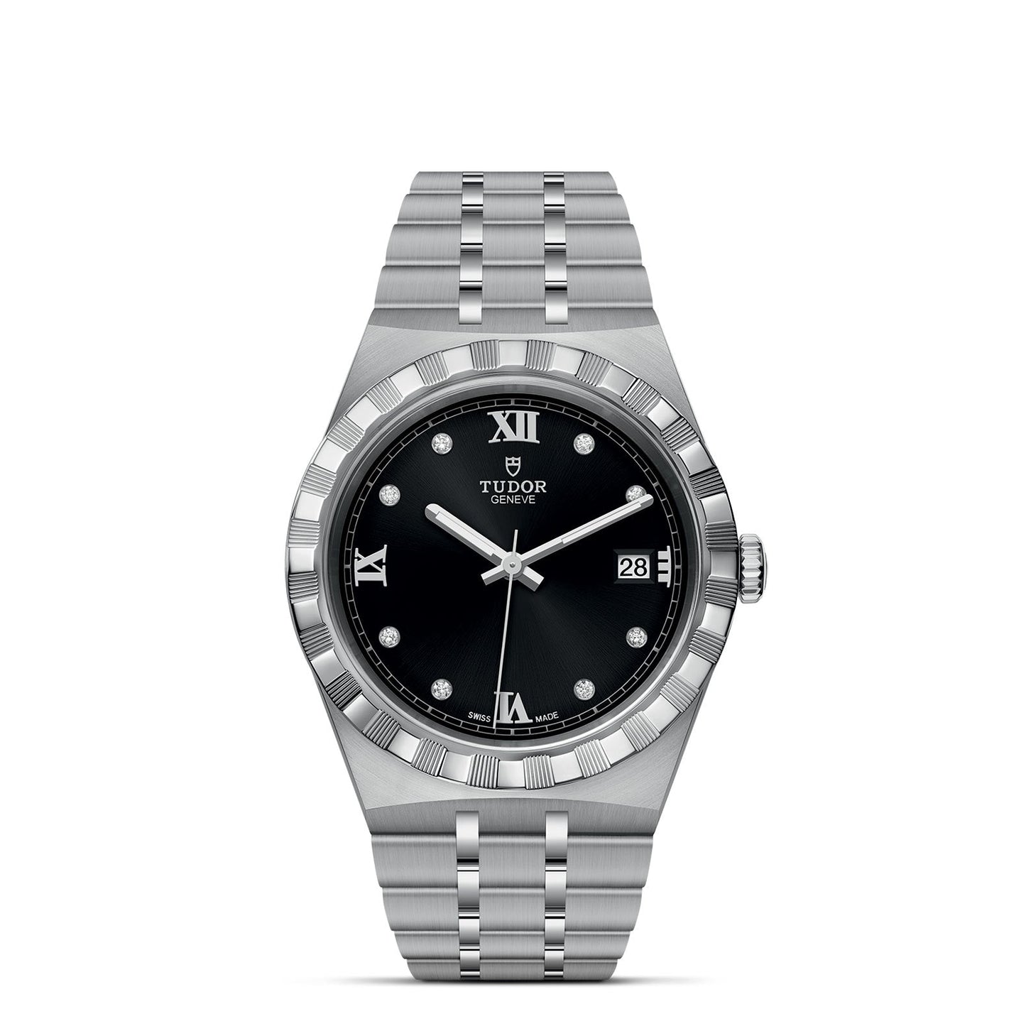 Introducing the TUDOR Royal, a sleek automatic watch from TUDOR that combines sport and chic elements. It features a stainless steel bracelet, a diamond-set dial adorned with Roman numerals, and a date display at 3 o'clock. The design is completed with a textured bezel that exudes timeless elegance.