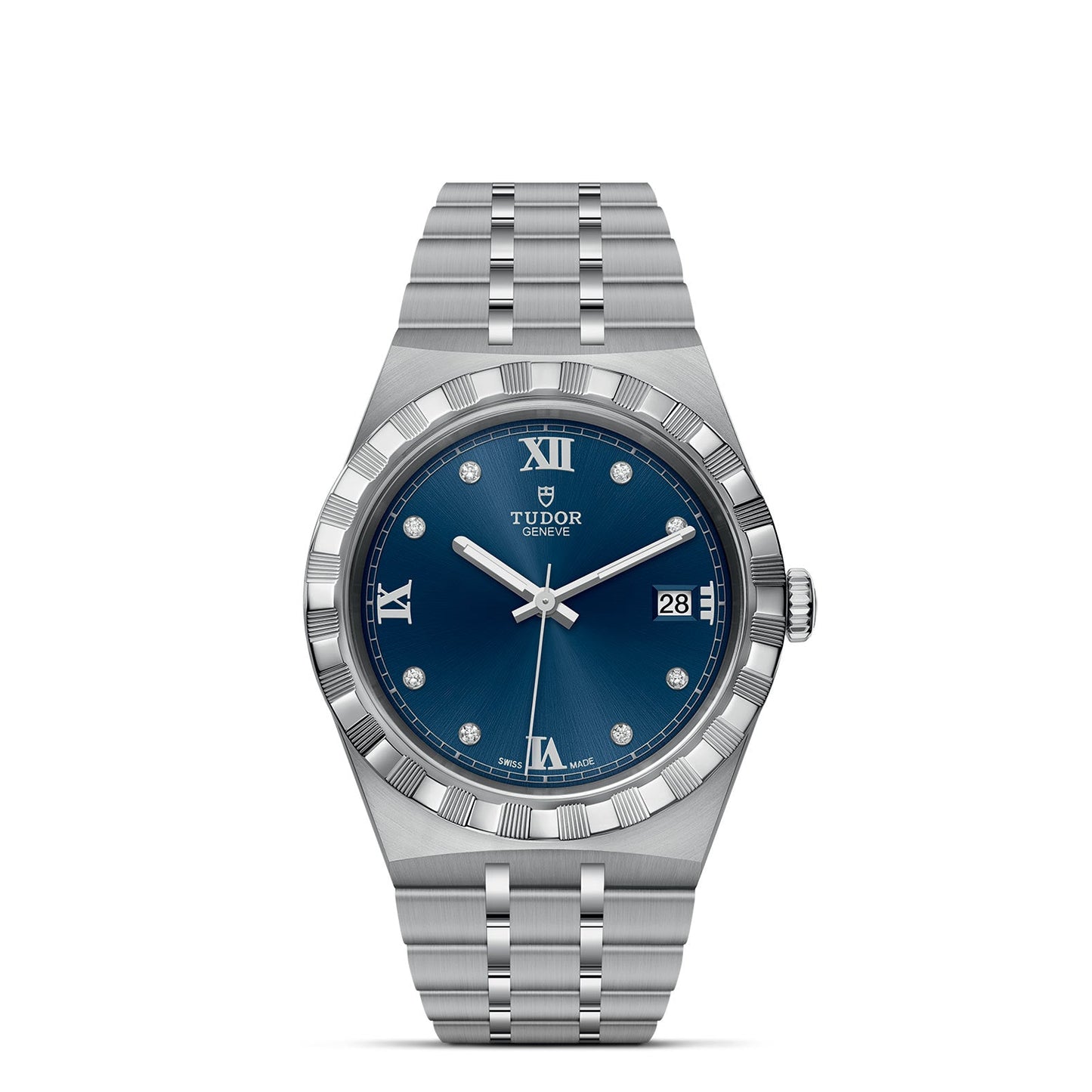 The TUDOR Royal, crafted by the TUDOR brand, features a silver wristwatch adorned with a diamond-set dial that includes Roman numerals, diamond hour markers, and a date display located at 3 o'clock. Its stainless steel bracelet accentuates its sport-chic design. The watch face is elegantly signed with the TUDOR logo.