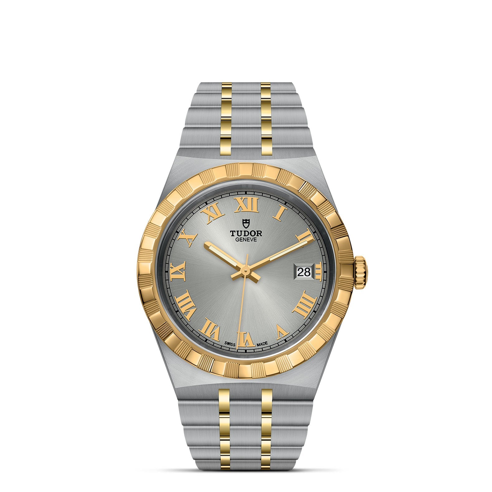 The TUDOR Royal by TUDOR showcases sport-chic elegance with a sophisticated stainless steel and gold design. It boasts a round silver dial adorned with gold Roman numerals and includes a date window positioned at 3 o'clock. The two-tone bracelet features alternating gold and silver links, perfectly paired with a fluted gold bezel.