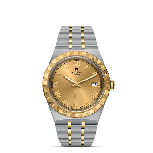 The TUDOR Royal by TUDOR presents an elegant two-tone look with its gold and silver bracelet. It boasts a gold dial with Roman numerals, a date display at the 3 o'clock position, and a lavish gold bezel, capturing the spirit of automatic sport-chic timepieces.