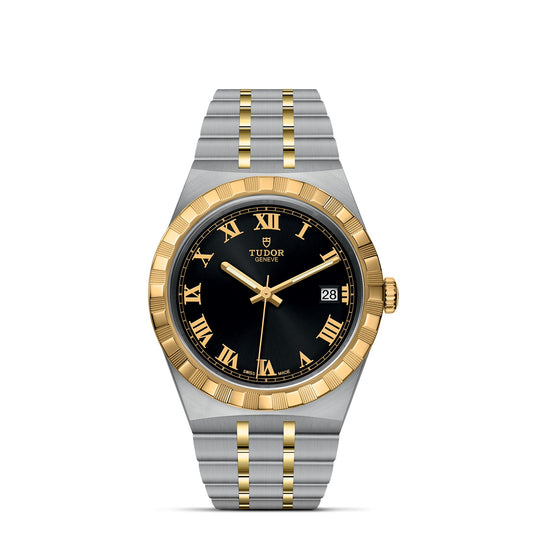 The TUDOR Royal by TUDOR is a luxury watch that features a stainless steel and gold two-tone bracelet. It comes with a black dial adorned with gold Roman numeral markers, along with a date window at the 3 o'clock position, and is completed by a gold bezel. This sport-chic timepiece elegantly marries style and the precision of automatic watches.
