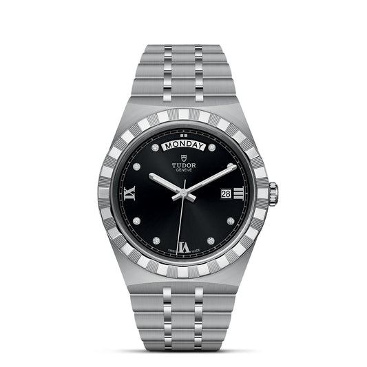 The TUDOR Royal, crafted by TUDOR, unites elegance with functionality through its black dial and day-date display. It features a stainless steel and gold bracelet, complemented by silver hour markers and Roman numerals at 12 and 6 o'clock, all enclosed within an intricately designed bezel.