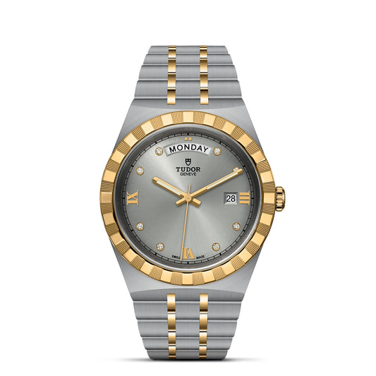 Introducing the TUDOR Royal, a sophisticated wristwatch by TUDOR. This two-tone timepiece combines stainless steel and gold, featuring a round face with a gold bezel. It elegantly displays the weekday and date with Roman numeral hour markers, complemented by an automatic sport-chic design and an exquisite metal link bracelet.