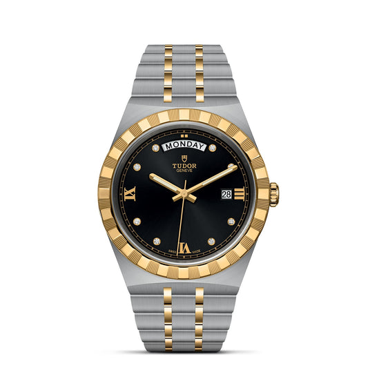 Presenting the TUDOR Royal by TUDOR—a luxurious wristwatch that combines the elegance of stainless steel and gold. This sophisticated timepiece features a black dial with gold Roman numerals, diamond hour markers, and an automatic sport-chic design. Gold accents grace both the bezel and bracelet, set against silver stainless steel.