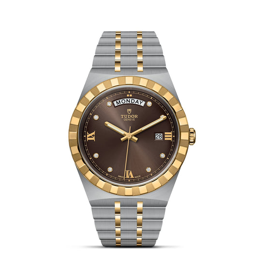Discover sophistication with the TUDOR Royal by TUDOR, a luxury wristwatch that embodies an automatic sport-chic style. It boasts a stainless steel and gold two-tone bracelet paired with a round brown dial, all elegantly surrounded by a fluted gold bezel. The watch is beautifully finished with gold Roman numerals and diamond hour markers, offering both date and day functionalities.