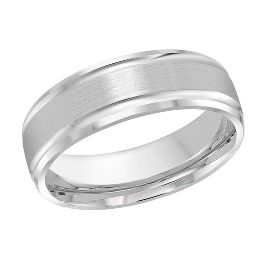 A Malo 10K White Gold Wedding Band featuring a 6mm band with a brushed center finish and polished edges, showcasing a simple and elegant design, positioned at an angle against a white background.