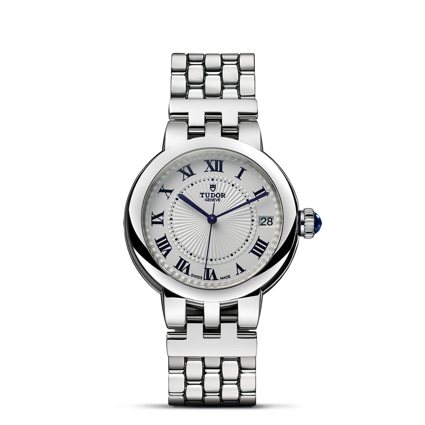 The TUDOR Clair de Rose watch is displayed with its opaline dial, Roman numeral hour markers, and a date display at the 3 o'clock position. It features a sleek steel case and a stainless steel bracelet in a silver finish.