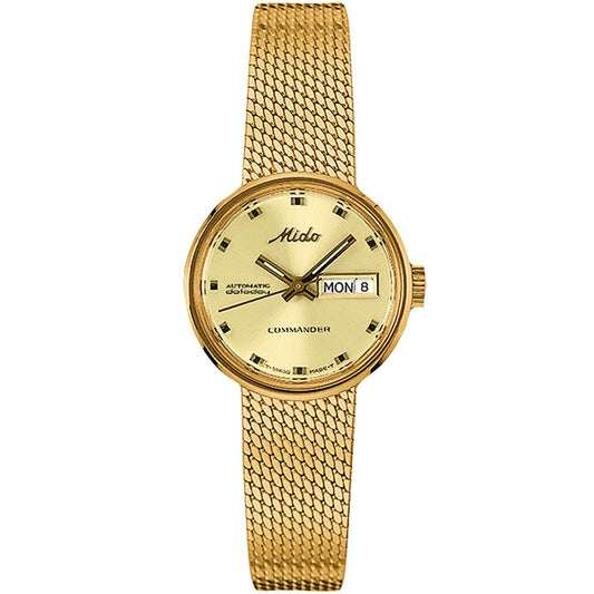 The MIDO Commander 1959 Automatic 23.5mm watch features an integrated gold bracelet, round dial with square hour markers, day/date display at 3 o’clock, and "MIDO," "Automatic," and "Commander" on the face.