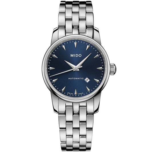 The MIDO Baroncelli II Lady Automatic 29mm Watch features a silver case, blue dial, silver markers and hands, a date window at 3 o’clock, and a stainless steel link bracelet.