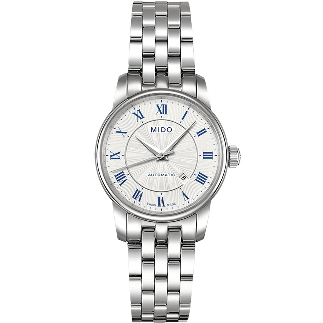 The MIDO Baroncelli II Lady Automatic 29mm Watch features a silver metal link band, white dial, blue Roman numerals, a date window at 6 o'clock, three hands, and precise automatic movement for timeless elegance.