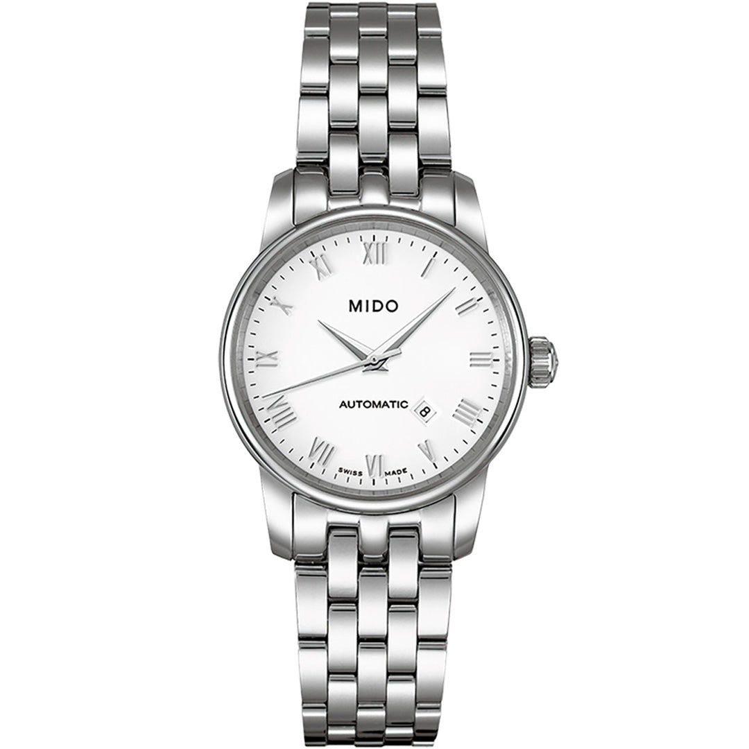 The MIDO Baroncelli II Lady Automatic 29mm Watch features a silver case, white dial with silver hour markers, Roman numerals at 12 and 6 o'clock, three hands, date at 3 o'clock, automatic movement, and a stainless steel bracelet.