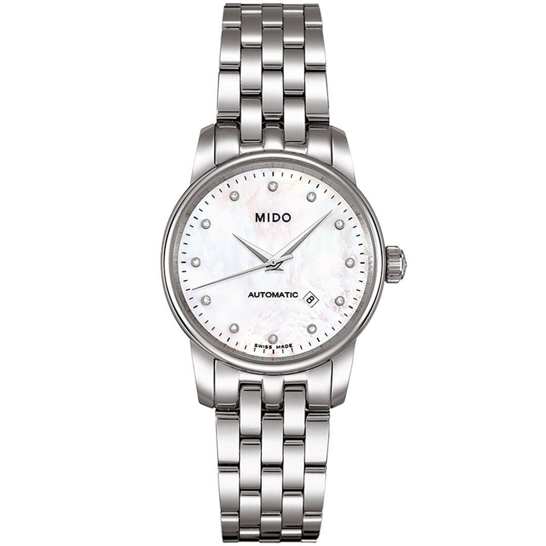 The MIDO Baroncelli II Lady Automatic 29mm features a silver-tone metal link band, round white mother-of-pearl dial with silver markers, automatic movement, and a date window at 6 o’clock. Labeled "AUTOMATIC.