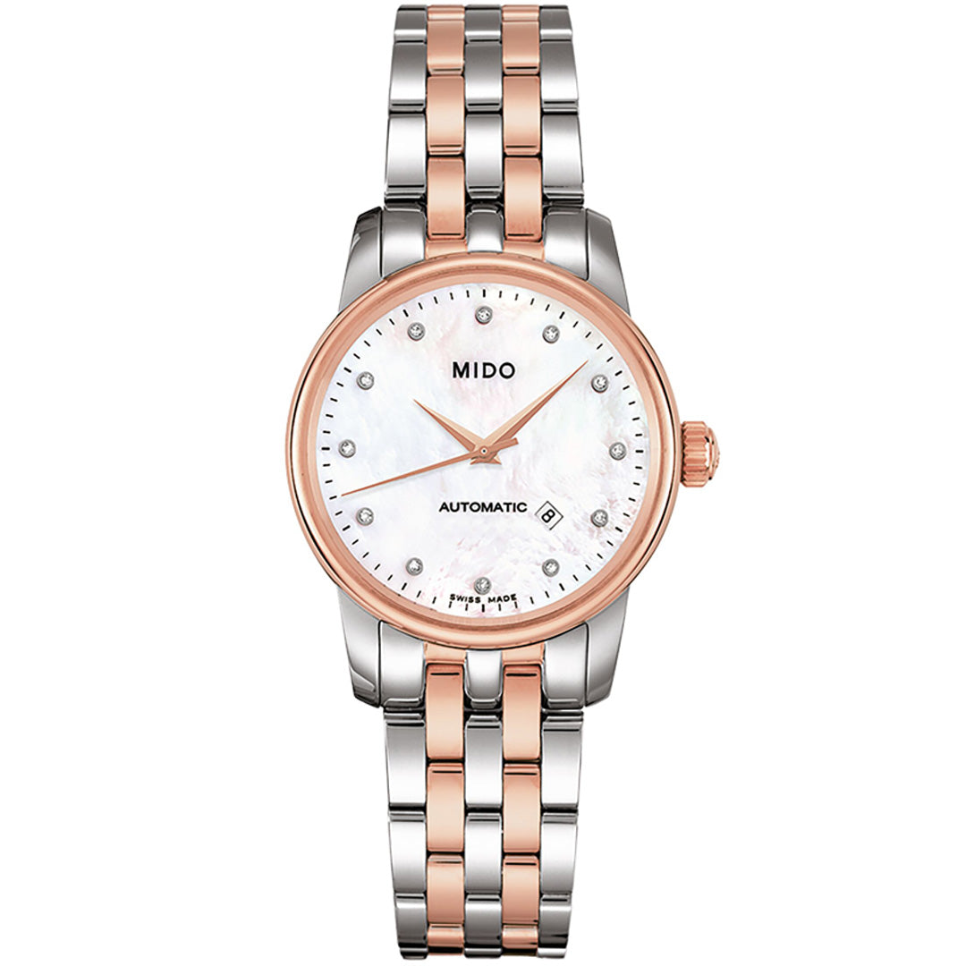 The MIDO Baroncelli II Lady Automatic 29mm watch features automatic movement, a silver and rose gold two-tone band, white mother-of-pearl dial with diamond markers, and a date window at 6 o’clock—ideal for lovers of elegant diamond watches.