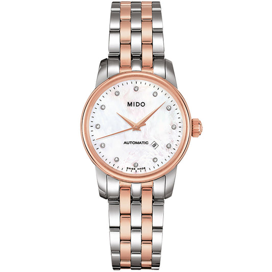 The MIDO Baroncelli II Lady Automatic 29mm watch features automatic movement, a silver and rose gold two-tone band, white mother-of-pearl dial with diamond markers, and a date window at 6 o’clock—ideal for lovers of elegant diamond watches.