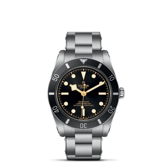 A TUDOR Black Bay 54 dive watch with a 37mm stainless steel case showcases a black face, luminous hour markers, and a rotating bezel. It features a metal bracelet and the TUDOR logo near the 12 o'clock position.