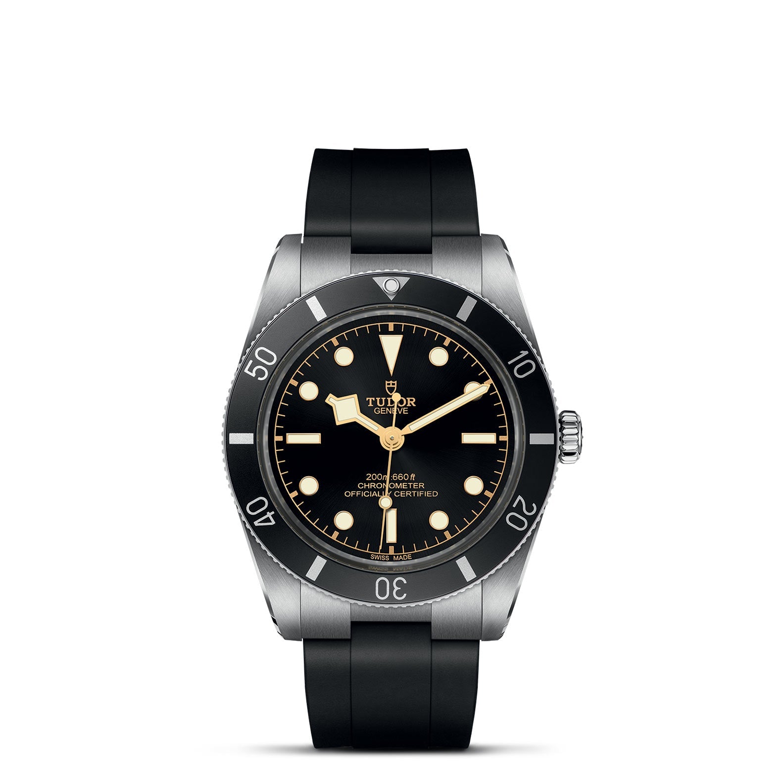 Introducing the TUDOR Black Bay 54: a sophisticated dive watch by TUDOR, boasting a 37mm stainless steel case with a black dial and luminous markers. Powered by the Manufacture Calibre MT5400, it is elegantly complemented by its sleek black rubber strap for an enduring design.