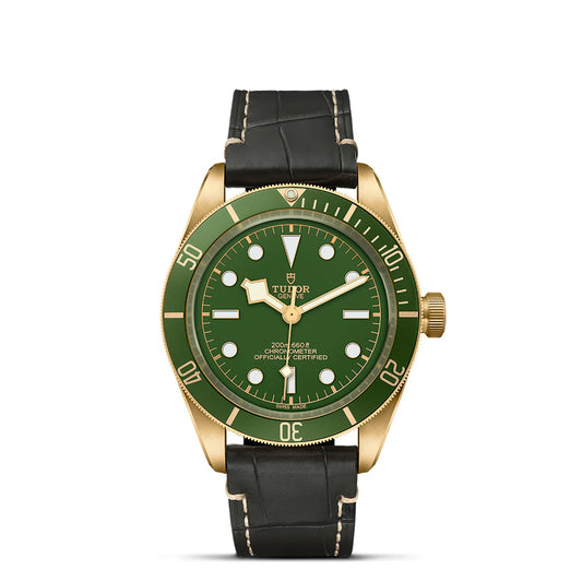 The TUDOR Black Bay 58 18K is a remarkable dive watch showcasing a yellow gold case paired with a green dial and bezel. It includes white hour markers, a date window, and a black leather strap with stitching, all enhanced by the clearly visible brand name and other markings on the dial.