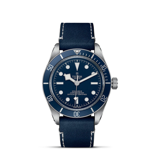 A silver wristwatch with a deep blue dial and matching leather strap, echoing the design of the TUDOR Black Bay 58. The watch features white hour markers set within a silver bezel. "Tudor" is displayed prominently on the face, accompanied by its specifications in clear white text.