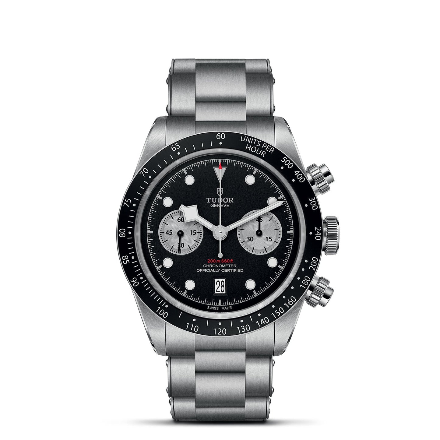 The TUDOR Black Bay Chrono is a stainless steel chronograph watch that showcases a black dial, silver sub-dials, and a tachymetric scale on the bezel. With three pushers and a metal bracelet, its design encapsulates the precision and style characteristic of TUDOR chronographs.