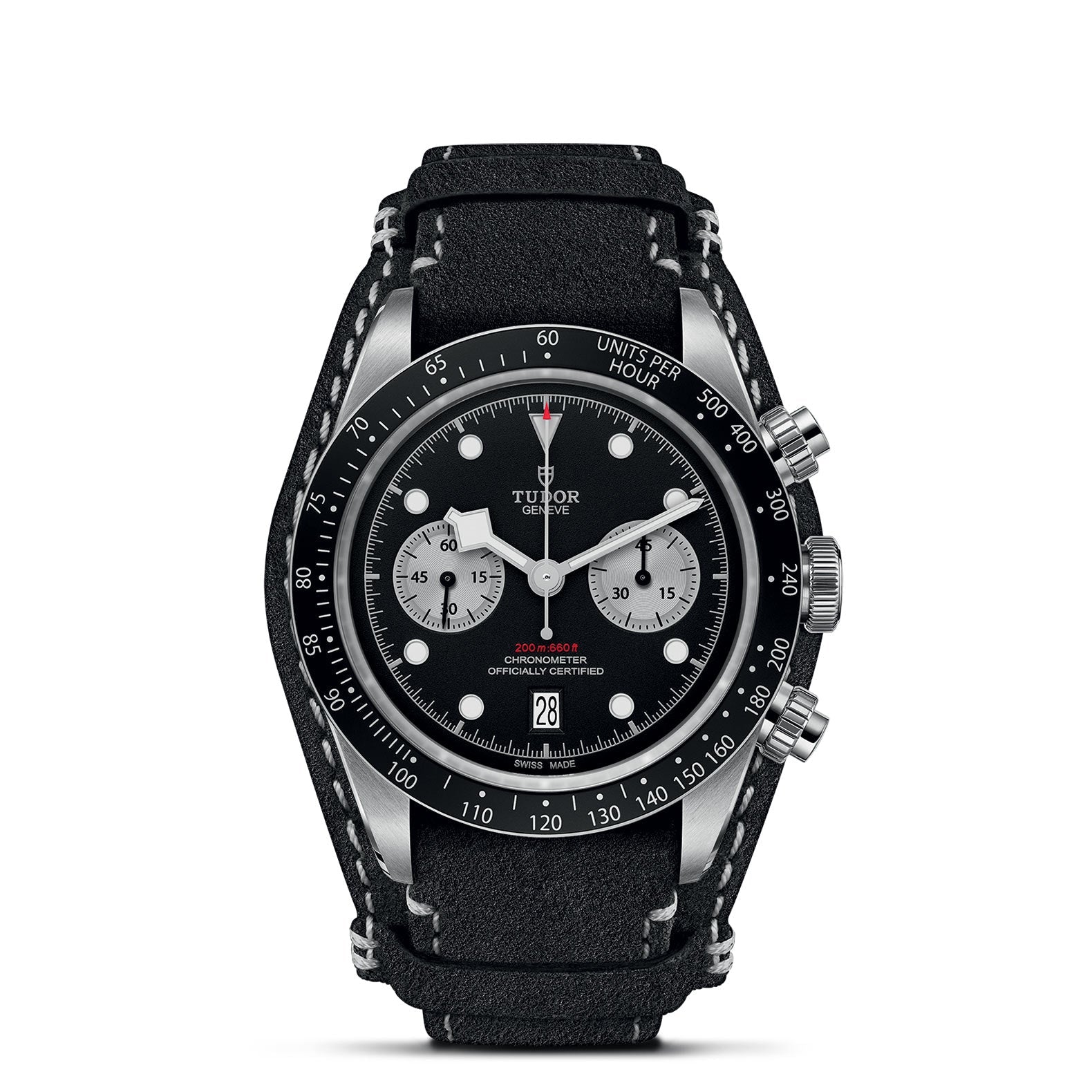 The TUDOR Black Bay Chrono is an eye-catching timepiece that showcases a round face with silver indices and subdials, all elegantly presented on a sleek black leather strap. It features silver pushers on the side and includes a date display at the bottom of the dial, along with a tachymetric scale for enhanced functionality.