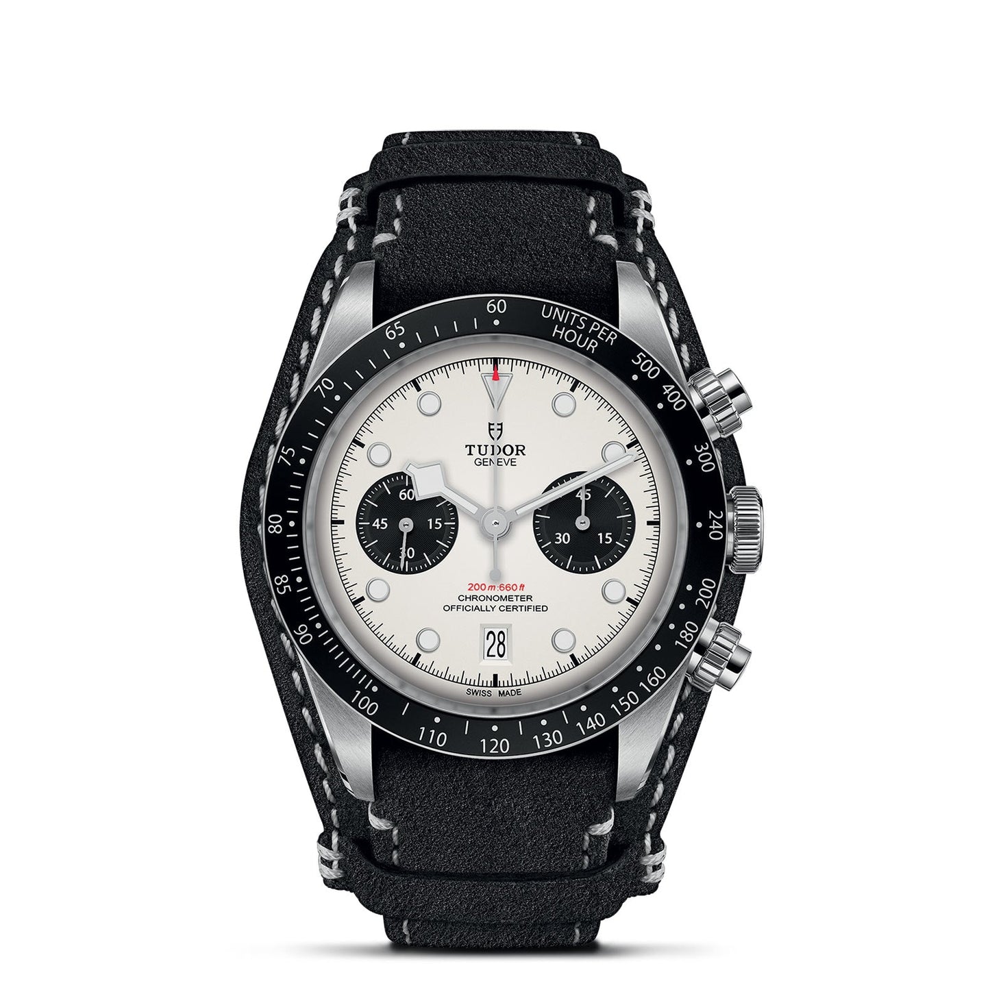 The TUDOR Black Bay Chrono, by TUDOR, showcases a white dial with black sub-dials and a tachymetric scale. The timepiece is equipped with a black leather strap highlighted by visible stitching and features silver pushers on the side. Additionally, it displays the date at the 6 o'clock position.