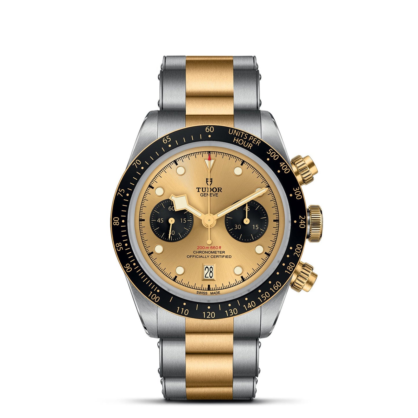 The TUDOR Black Bay Chrono S&G wristwatch boasts a two-tone design with a metal and gold strap. Its striking face, inspired by the Black Bay Chrono, features an elegant combination of gold and black. The watch includes three sub-dials, a tachymetric scale, a date display at the 6 o'clock position, and is complemented by gold accent buttons and crown.