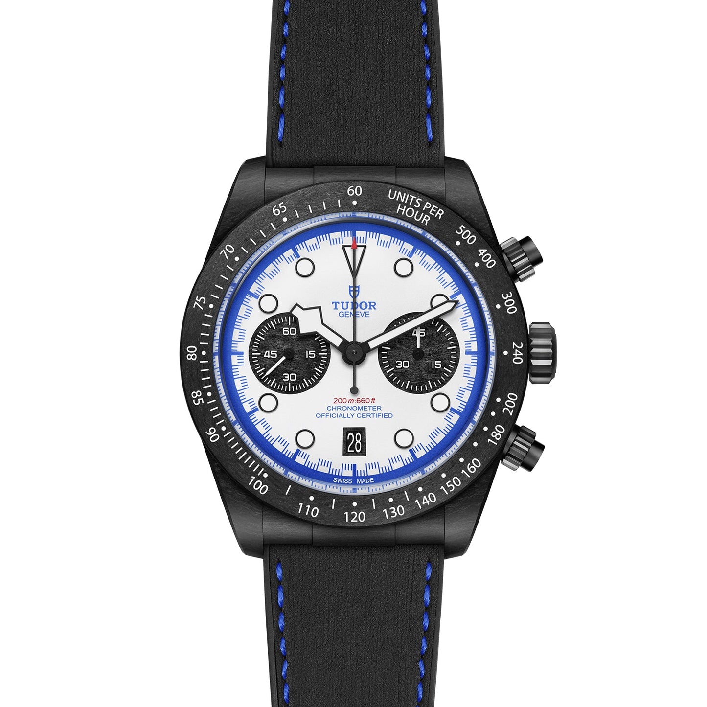 The TUDOR Black Bay Chrono “Carbon 25” is a boutique-exclusive watch featuring a white dial, black bezel, black subdials, TUDOR Blue accents, a black strap with blue stitching, date display, and dual chronograph pushers.