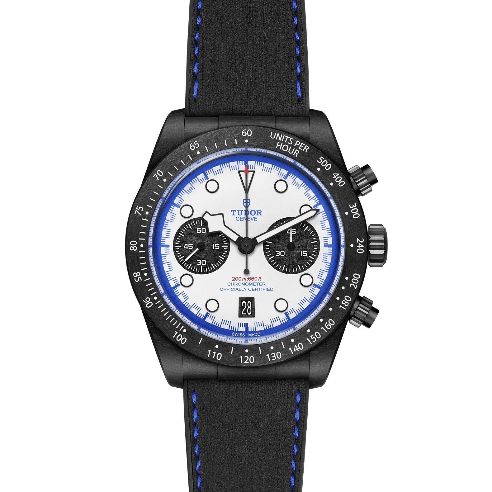 The TUDOR Black Bay Chrono “Carbon 25” is a boutique-exclusive watch featuring a white dial, black bezel, black subdials, TUDOR Blue accents, a black strap with blue stitching, date display, and dual chronograph pushers.