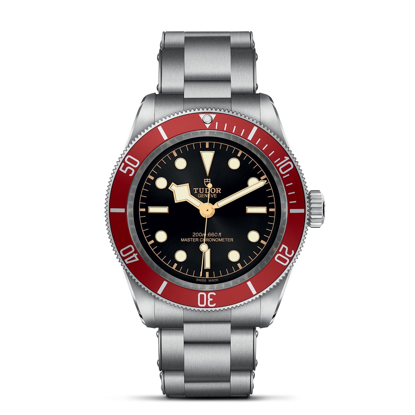 The TUDOR Black Bay wristwatch showcases a stainless steel build with a red bezel, black dial, and silver markers. Reflecting the iconic design of TUDOR divers' watches, it is water-resistant up to 200 meters and comes with a metal link bracelet that offers a neo-vintage appeal.