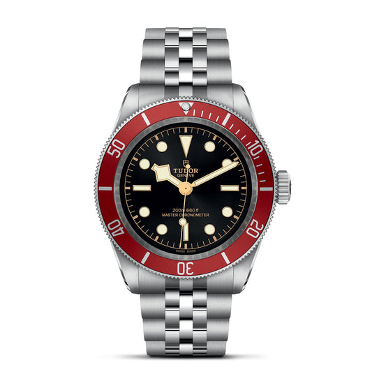 The TUDOR Black Bay wristwatch showcases a stylish stainless steel bracelet and case. It features an elegant neo-vintage black dial, accented with a striking red bezel and white hour markers. Displaying the time at 10:09, the dial prominently bears the TUDOR logo and additional text, evoking the timeless design of classic Black Bay diver watches.