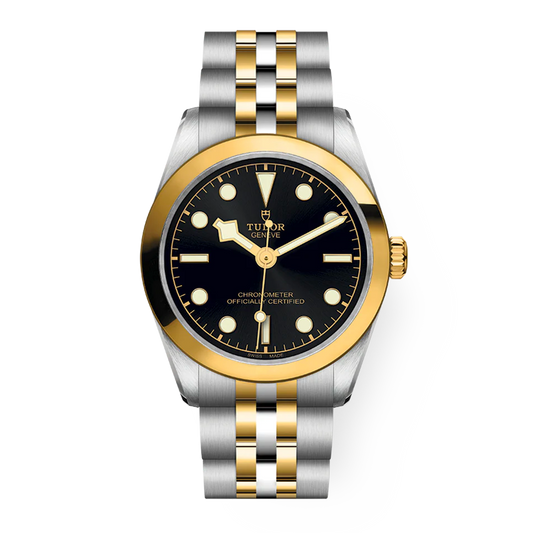 The TUDOR Black Bay One 31 S&G luxury wristwatch features a 31mm steel case, gold and silver metal band, circular black face, gold hour markers, two gold hands, a red-tipped hand, and discreet branding/certification text. It is reminiscent of TUDOR divers’ watches.