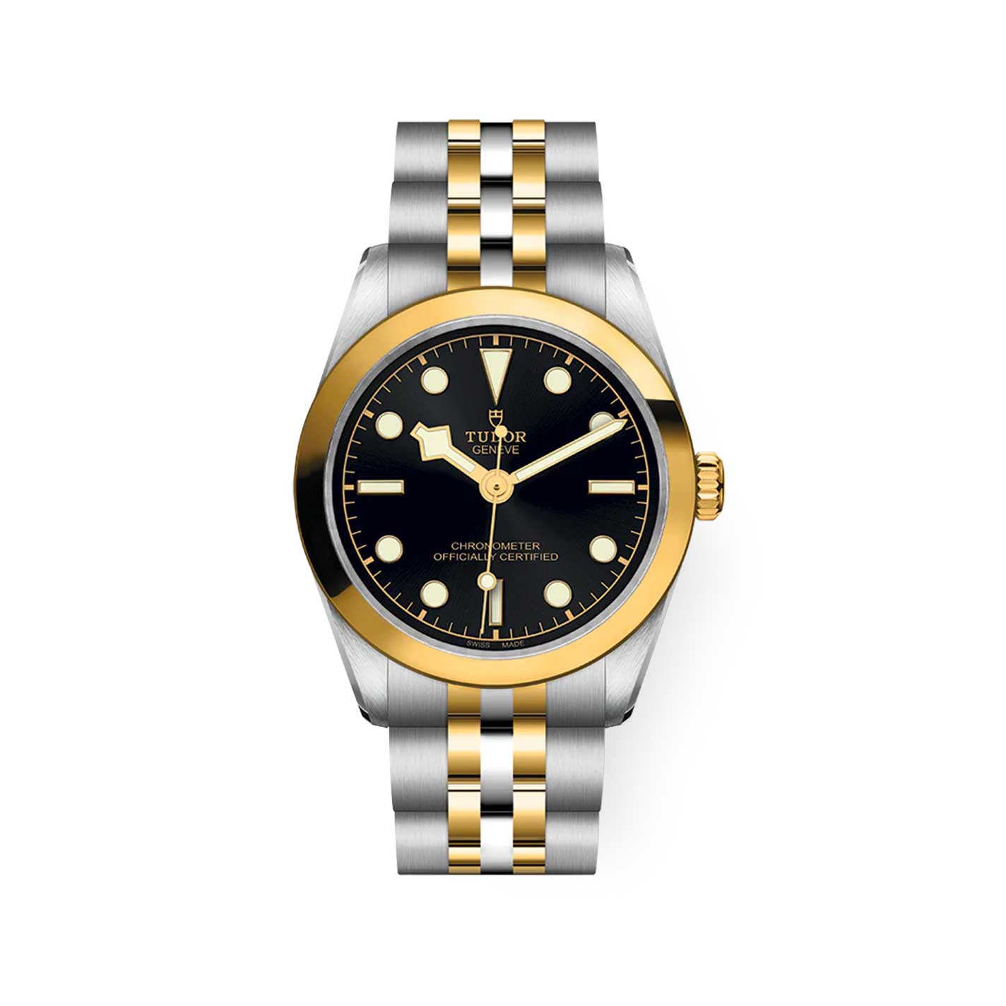 The TUDOR Black Bay 31 S&G is a luxury wristwatch that boasts a black dial, gold bezel, and mixed metal strap. This model features luminous hour markers and hands, along with a date window and the TUDOR branding on the dial. The bracelet skillfully combines gold and stainless steel links for an elegant finish.